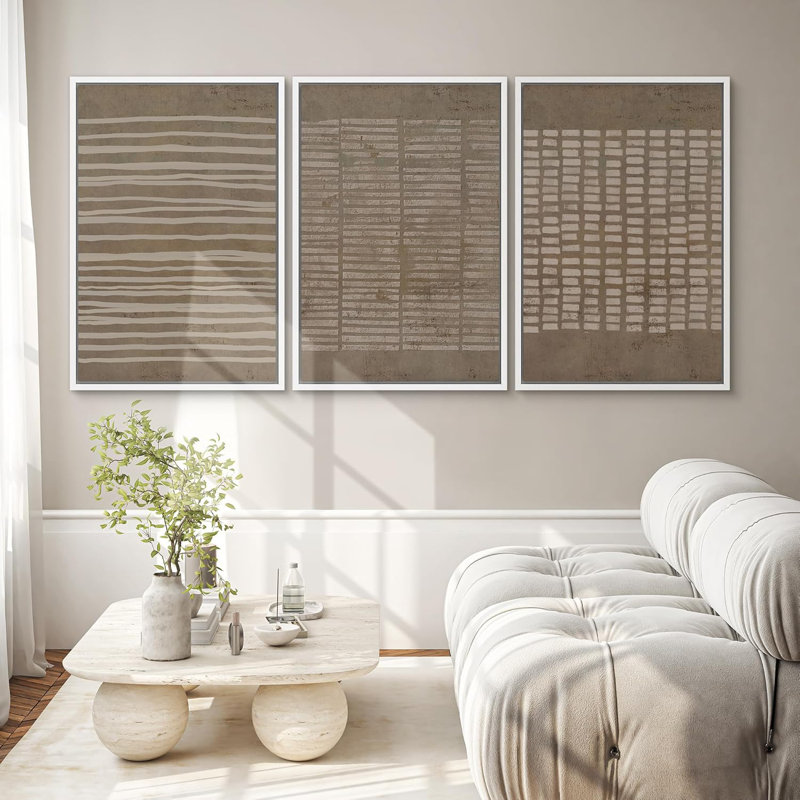 Geometric Line " No Texture Print - Grunge Greenish Brown Line Art, Abstract Neutral Artwork, Framed 3 Pieces Wall Art - Giclee Canvas Digital Print "