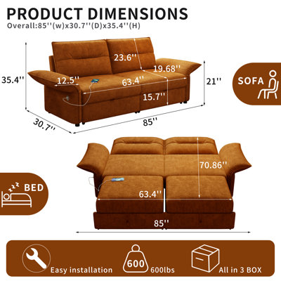 Canapé-lit coulissant de 85 po avec ports de chargement USB, canapé-lit rembourré pour salon et appartement, gris