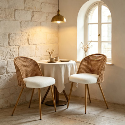 Ensemble de 2 chaises de salle à manger en osier brun, chaises d'appoint de style bohémien Mid-Century avec sièges rembourrés en éponge beige doux pour la salle à manger