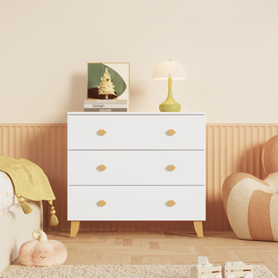Commode pour enfants avec 3 tiroirs, poignées en bois et pieds en pin, commode en MDF pour chambre d'enfant, armoire de rangement pour chambre de bébé, blanc