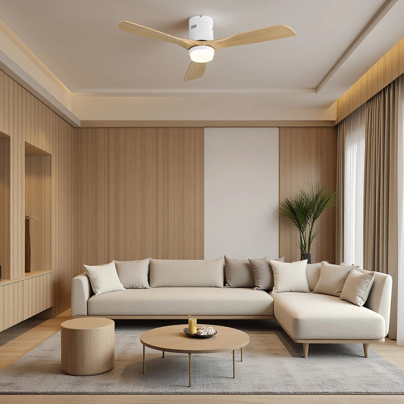  Ventilateur de plafond 52 po avec lumière DEL et moteur à courant continu réversible Airys, Blanc / Chêne