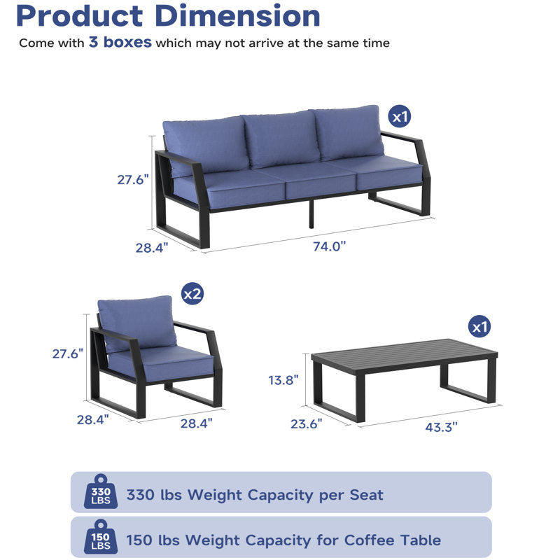 Ensemble de conversation moderne 4 pièces pour patio avec canapé 3 places, fauteuils et table basse