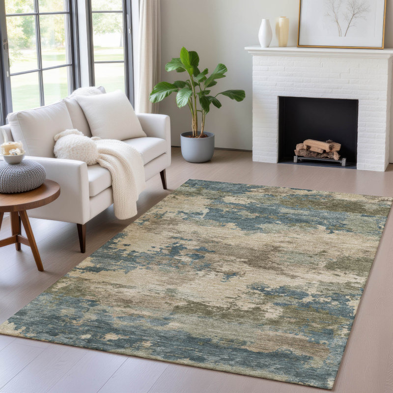 Machine Washable Indoor/Outdoor Xhevrie Teal Rug, Rectangle 8' x 10'
