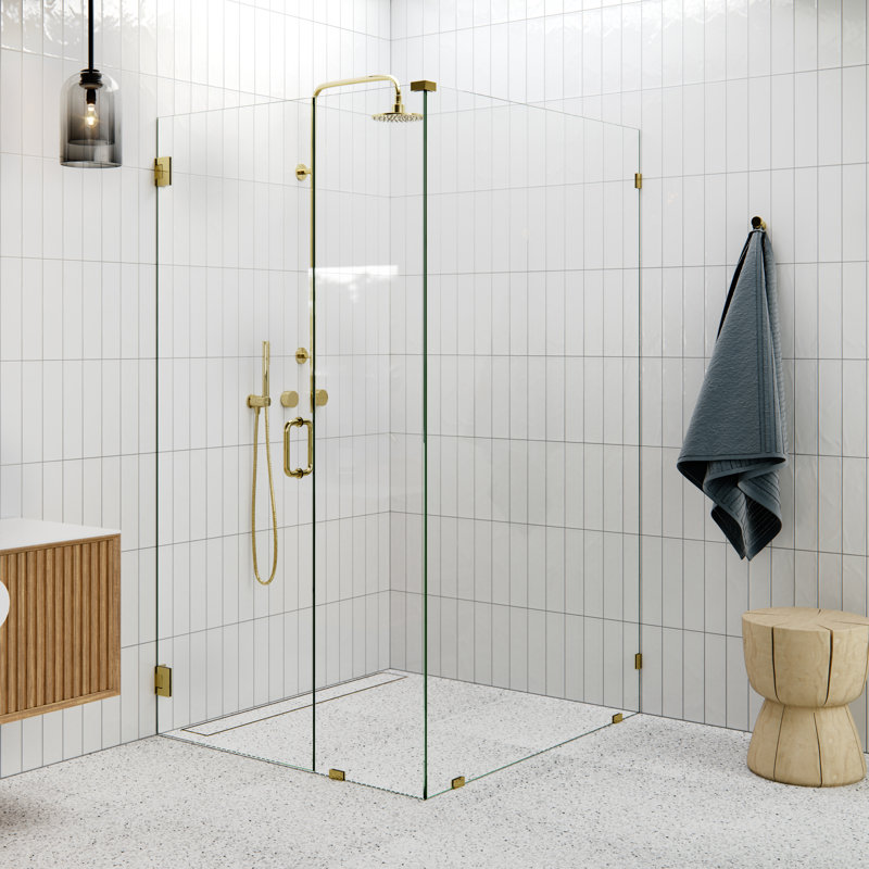 78" H Pivot Frameless Shower Door, Polished Brass