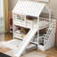 Lit superposé blanc simple avec lit gigogne, escalier de rangement et toit ludique au-dessus de la fenêtre