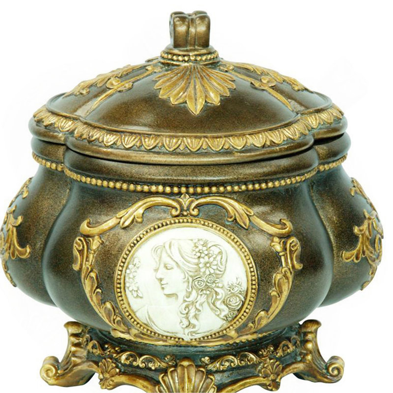 Boîte à bijoux décorative vintage de 23 cm de hauteur, boîte de rangement en polyrésine finition bronze et or