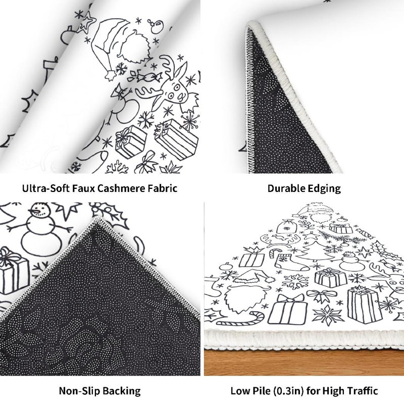 Tapis intérieur noir lavable à la machine, motif triangles dessinés à la main, sur le thème de Noël., Rectangle 32 po x 47 po