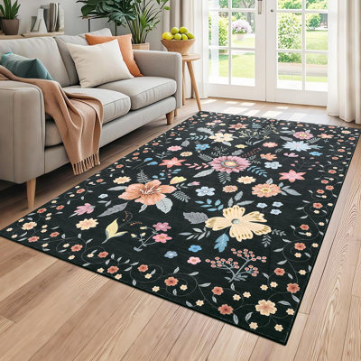 Area Rugs for Living Room Floral 4x6 Kitchen Rug Machine Washable Boho Flower Carpet Non Shedding Bedroom Dining Room Decor Black
