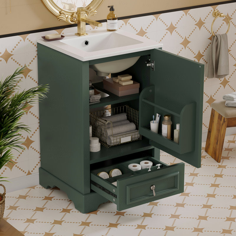 Meuble-lavabo de 20 po avec lavabo en céramique, porte à fermeture en douceur, tablette réglable en forme de U, tiroir de compartiment et support de porte de style moderne