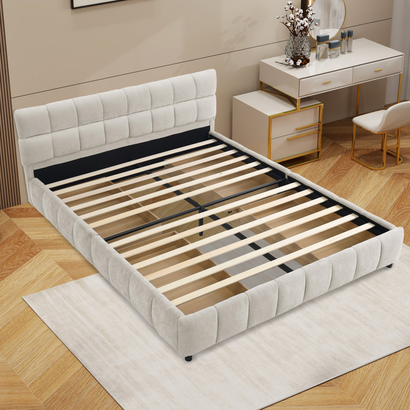 Upholstered Bed Frame  With  Storage Drawers, Queen, Beige