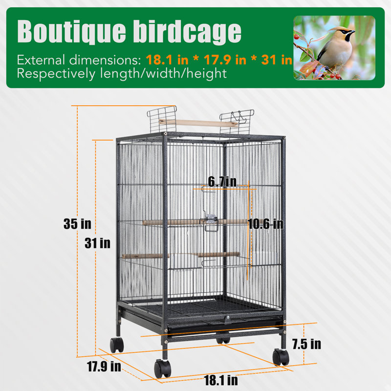 Cage à oiseaux en fer forgé de 35 pouces avec dessus ouvert et support roulant, grande cage à perroquet pour perruches, cockatiel, canari, pinson, inséparable, perroquet, pigeons, quaker gris africain