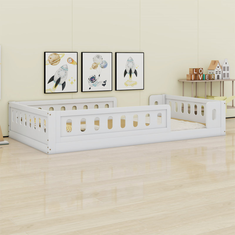 Wood Platform Bed With Guardrail, Blanc