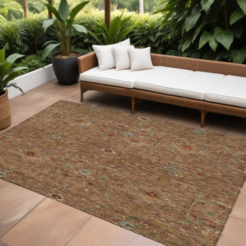 Tapis extérieur lavable floral 10 pi x 14 pi brun, rouge et vert