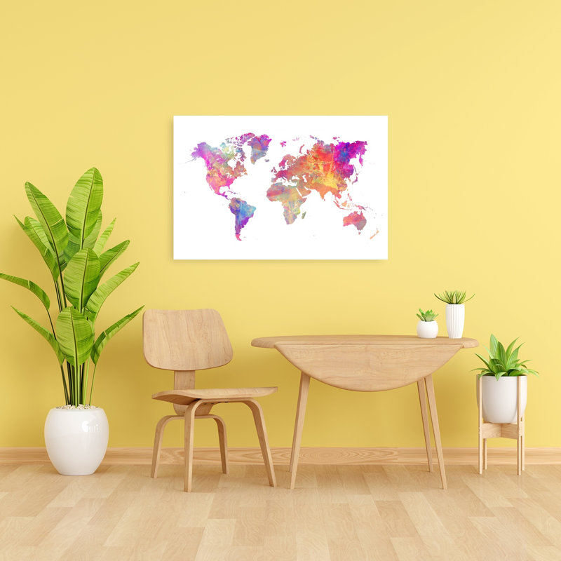 Art mural contemporain coloré carte du monde aquarelle, 32" H x 48" W
