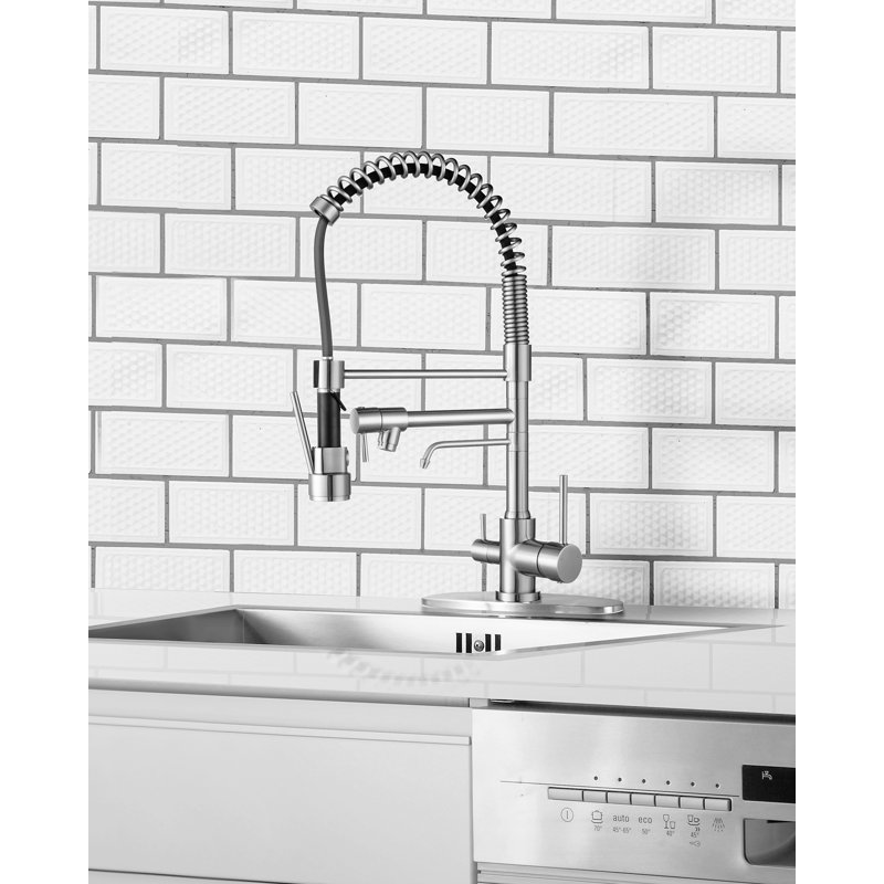 Double-Handles Pull Down Sprayer Kitchen Faucet With Drinking Water Pull Out Spray Wand In Solid Brass, Brushed Nickel