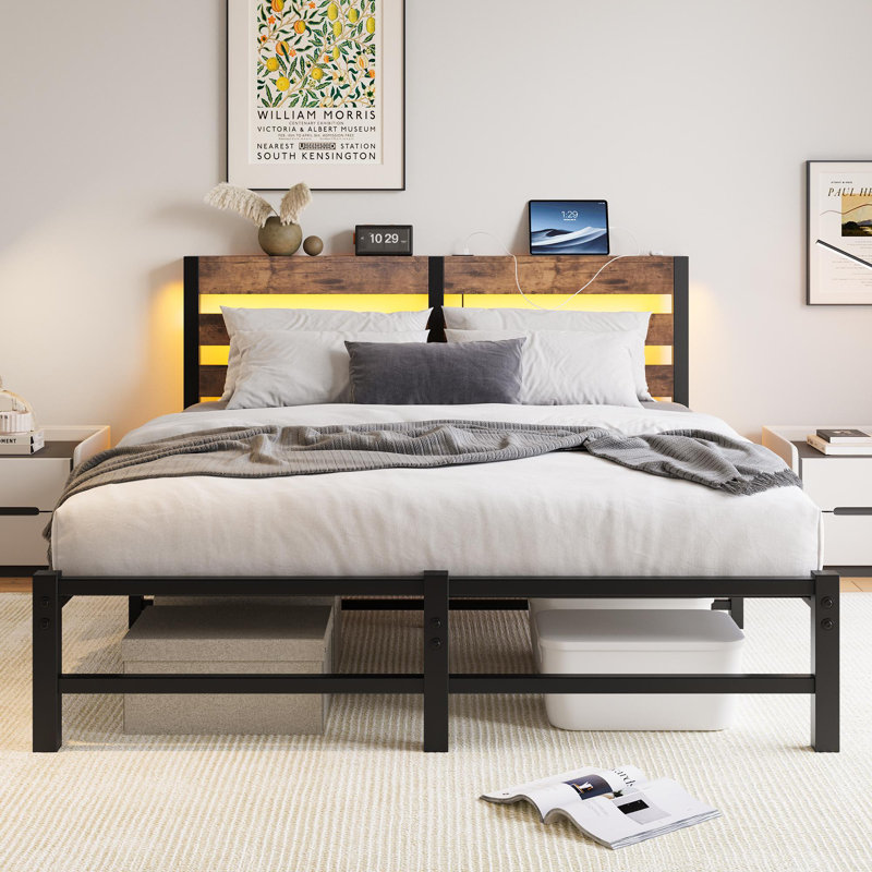 Cadre de lit avec tête de lit, silencieux, sans sommier tapissier, Full, Beige/Brown