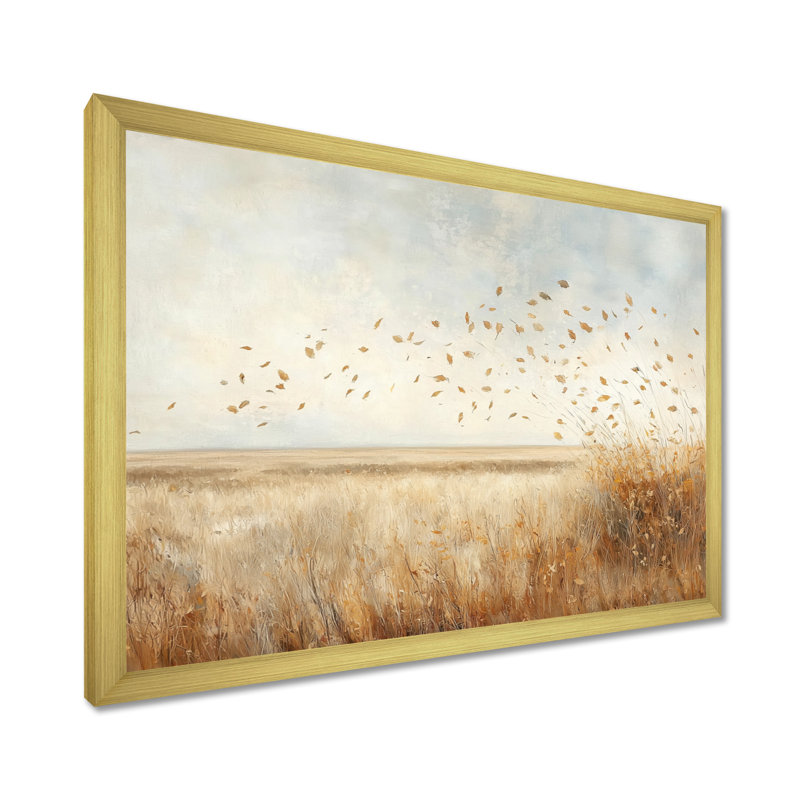 «Meadow Windy Prairie Leaves III», art mural prairie, H 30 po x l 40 po, Reproduction encadrée, Doré