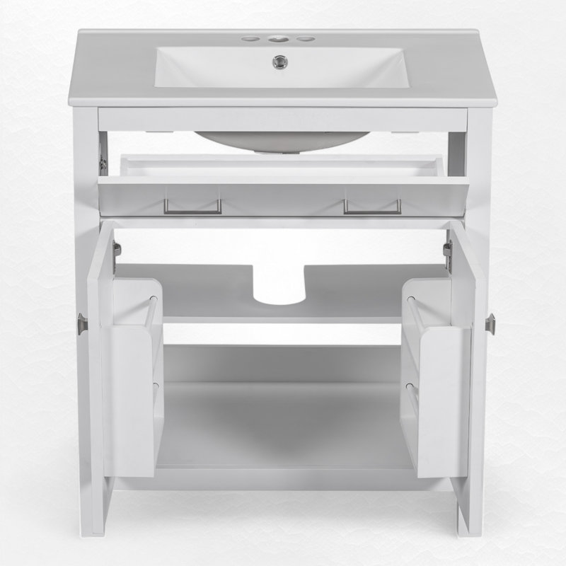 30" Single Bathroom Vanity With Ceramic Sink Top, White