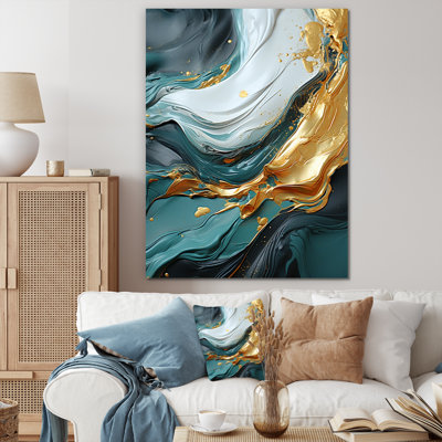 Or et vert cascade de marbre blanc IV - art mural abstrait