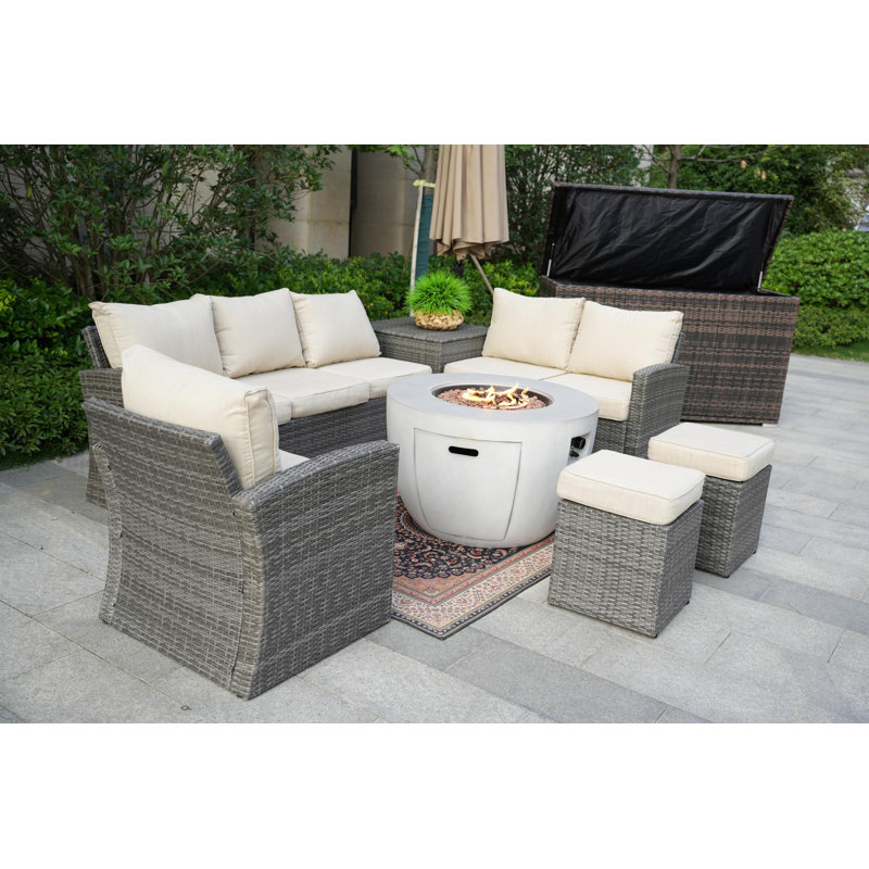 Ensemble de conversation avec canapé en rotin 8 pièces avec coussins Forrest, Beige, gris