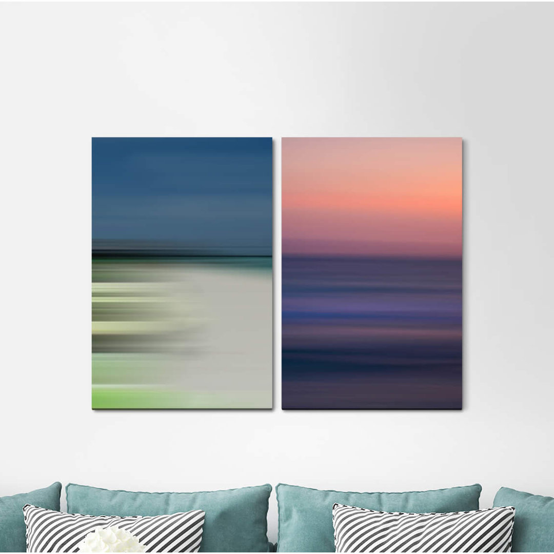 2-tlg. Leinwandbilder-Set - Grafikdruck „Pastel Shades Horizon Waves Evening Red Minimal Depth”