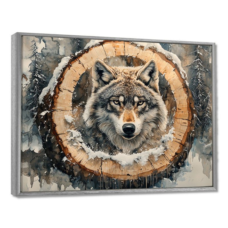 «Native Wolf In A Winter Forest Slide I» - Art mural loup, Argent argent, Impression encadrée flottante, H 24 po x l 32 po