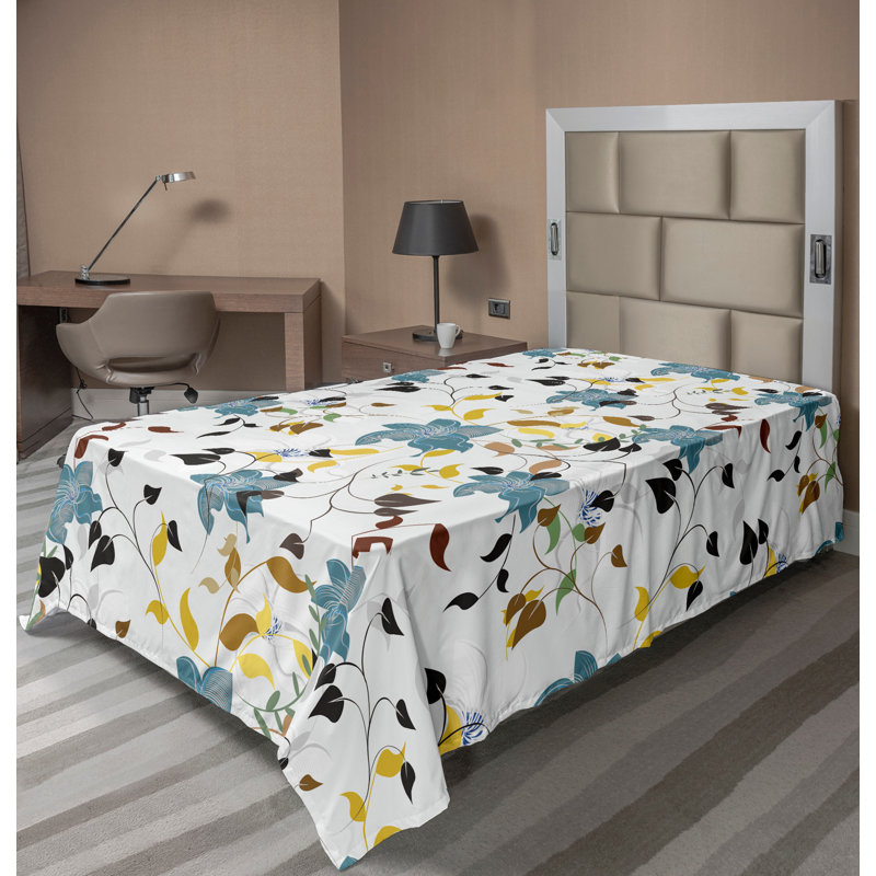 Ambesonne Autumn Top Flat Sheet Holiday Seasonal, Blue/Gold/Black Floral, Twin XL