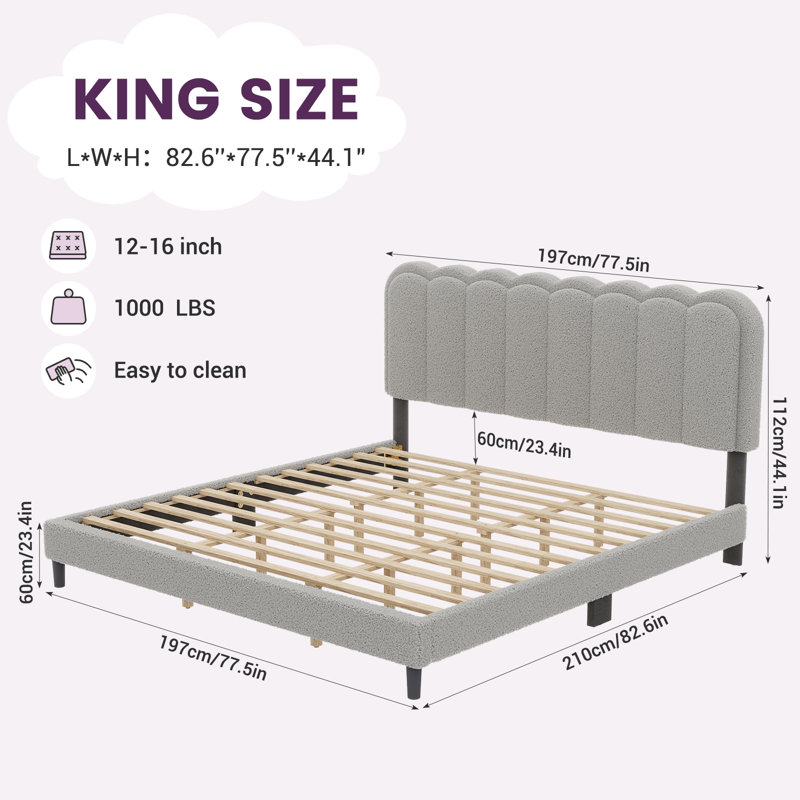 KING-Boucle Upholstered Solid Wood Bed Frame Soft Rounded Corners Headboard Low Profile Bed Frame with RGB LED Lights（No Mattress Included）