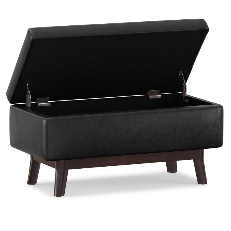 Owen 36"W Upholstered Mid-Century Modern Rectangular Lift-Top Ottoman with Tufted Detail, Distressed Black Faux Leather
