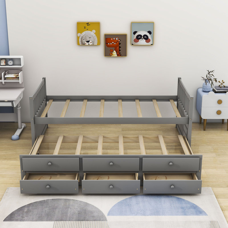Lit de jour avec couchette en bois 3 tiroirs Marlar, Gris, Lit simple