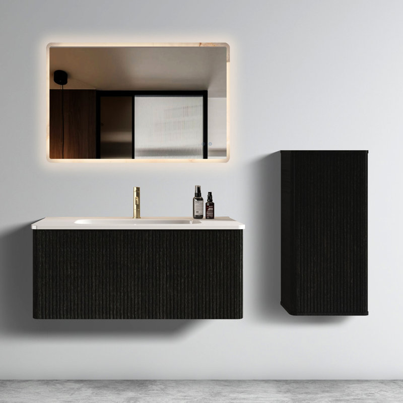 Meuble-lavabo moderne 36 po - Chêne noir rayé, lavabo en céramique blanche, meuble-lavabo flottant pré-assemblé sans couture: avec tiroir brossé