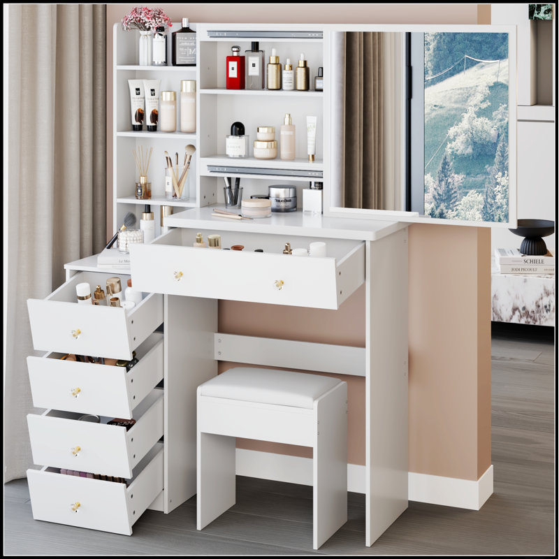 37-Inch Middle Size Vanity Table With Cushioned Stool, Extra Large Sliding Mirror, Multi-Layer Storage, Ideal For Large Spaces And Organized Living.