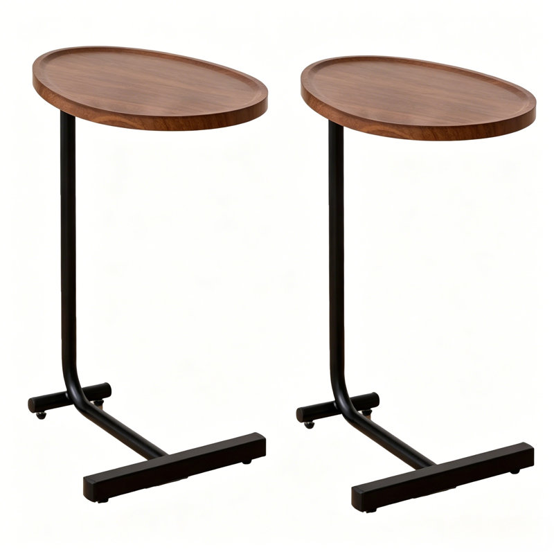 Modern Oval C-Shaped Side Tables with Raised Tray Top and Metal Base(Set of 2), Brown Top/Black Base