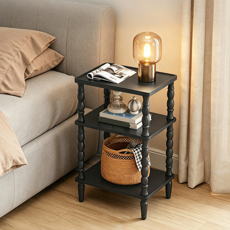 Petite table de bout à 3 niveaux avec pieds en bois massif, Noir