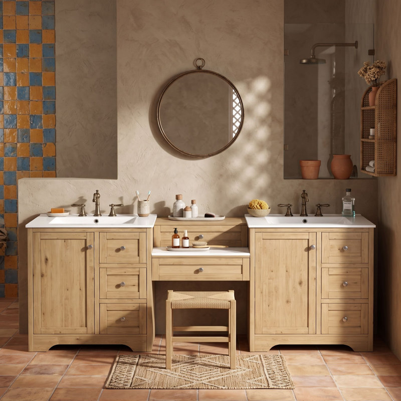 Meuble-lavabo double avec tiroirs, armoires et stations de charge, Bois