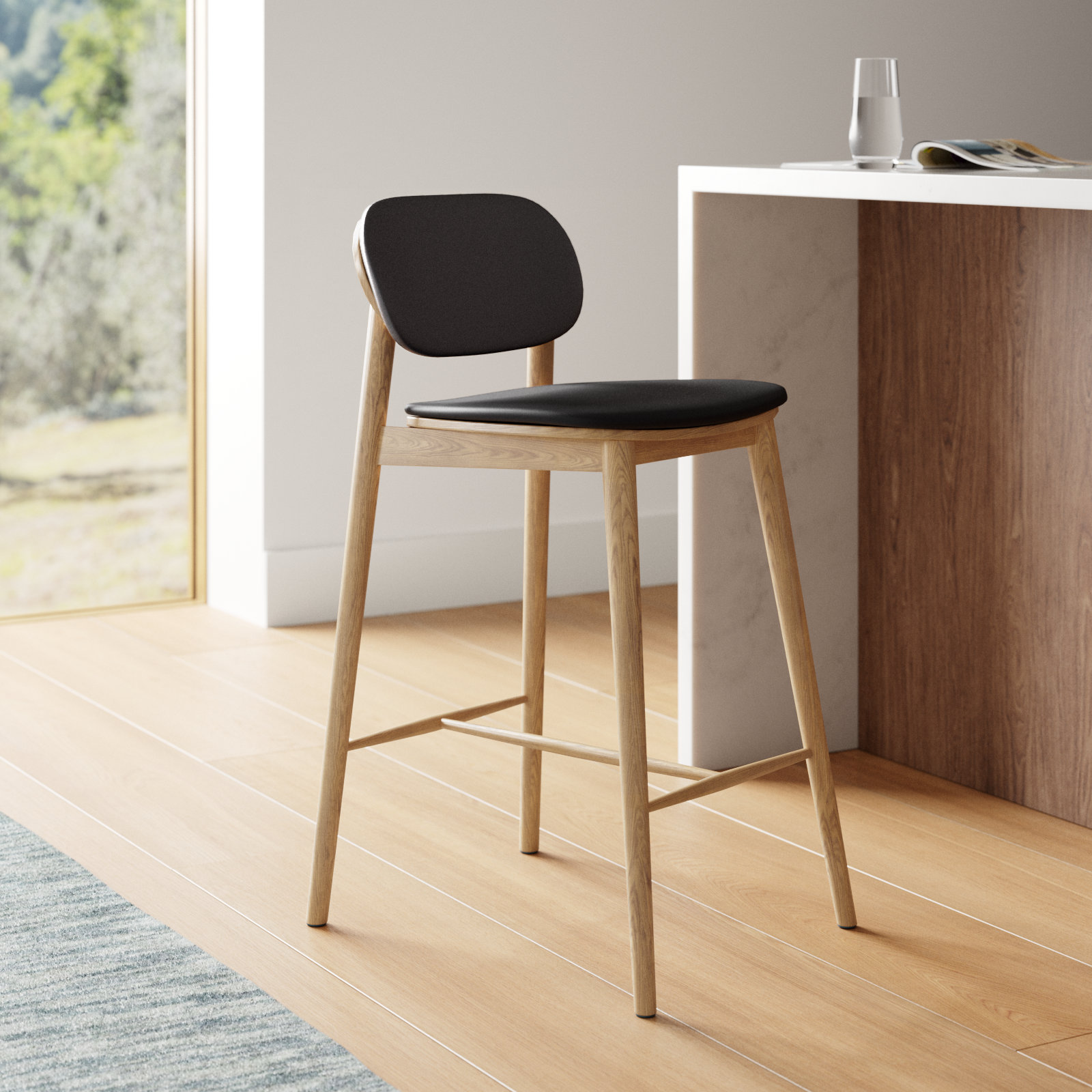 26" Genuine Leather Bar Stool, Black Leather/Oak Frame