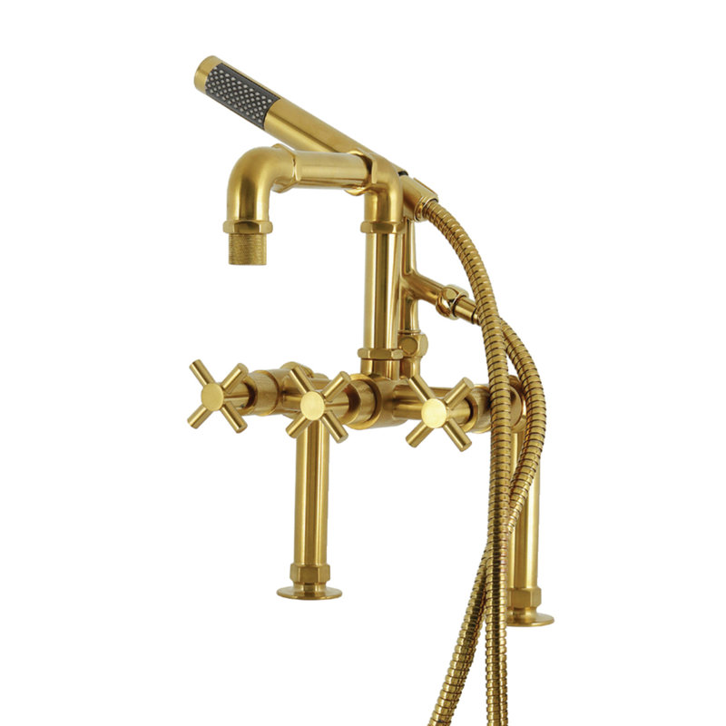 Kingston Brass Concord Three-Handle 2-Hole Deck-Mount Clawfoot Tub Faucet With Hand Shower, Brushed Brass
