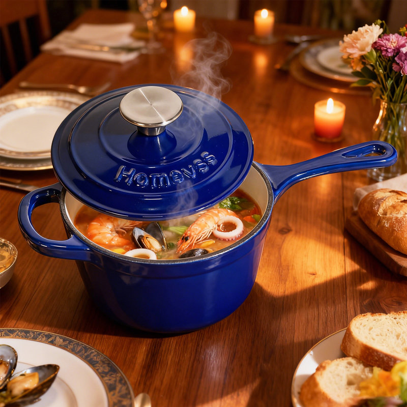 Casserole en fonte émaillée HomeVSS de 1,75 L avec couvercle, Blue