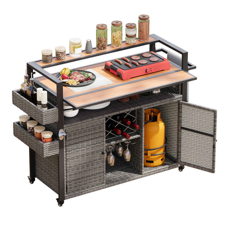 Chariot de barbecue extérieur en osier l 52,8 po avec plateau en bois, Gris