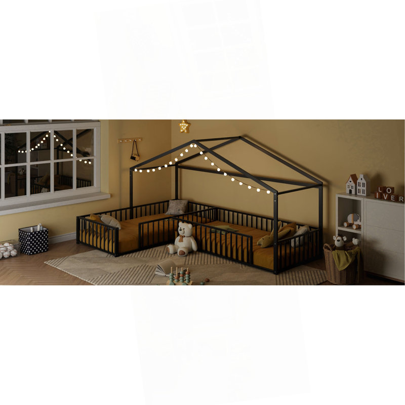 Double Twin Size L-Shaped Montessori Bed, Metal Corner House Bed Frame With Fence, House-Style Floor Bed For 2 Kids, Without Slats