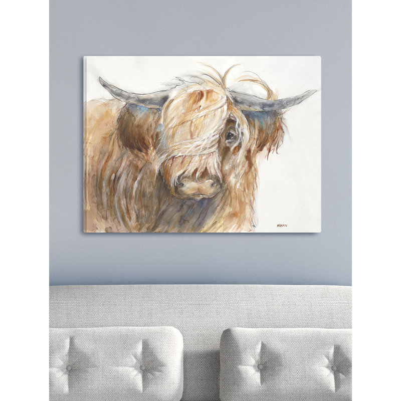 «Brown Horned Bull with Wind Swept Long Hair», reproduction d'impression, H 24 po x l 30 po x P 1,5 po, Toile tendue