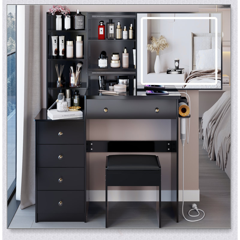 37-Inch Vanity Table Set With Sliding LED Mirror, Built-In Sockets, Hair Dryer Stand, And Cushioned Stool, High Storage Capacity