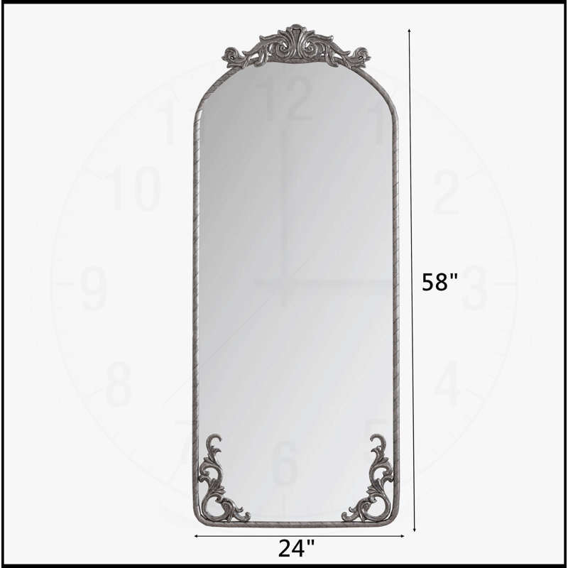 Elegant Arched Full Body Mirror with Vintage Carved Applique, Ideal for Home Decor and Space Enhancement., Antique Silver