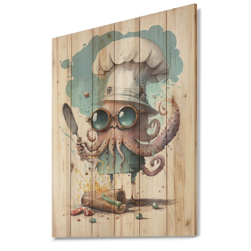 Alyvia Harison Octopus dans la cuisine - impression sur bois sans cadre, H 32 po x l 24 po x P 1 po