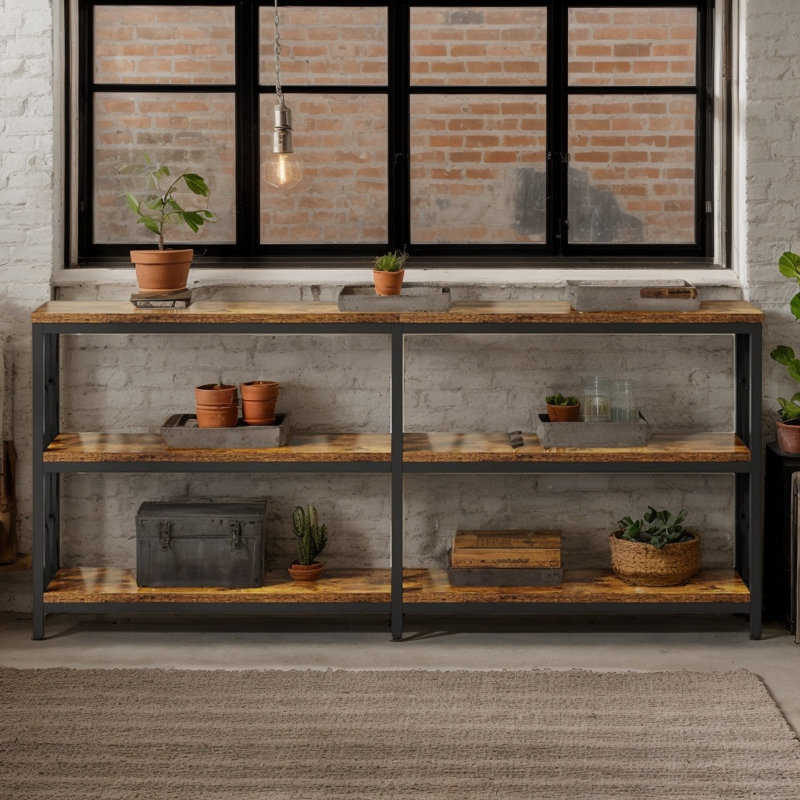 Console industrielle 70,9 "à 3 niveaux, canapé d'entrée en bois rustique et métal pour le salon