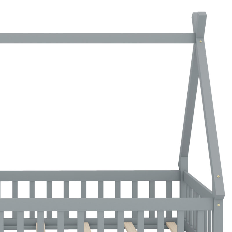 Lit douillet inspiré de la tente avec porte sécurisée, garde-corps de clôture et cadre de support triangulaire, Gris