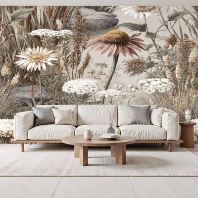 Vintage Peel and Stick Wallpaper Vintage Botanical Art Layered Wildflowers Soft Morning Light Wall Murals 69"H x 96"W Removable PVC Wall Paper Self-Adhesive Farmhouse Nature Wall Decor for Bedroom Living Room