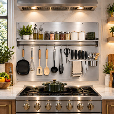 48x 30 inch Stainless Steel Backsplash,  Kitchen Range Backsplash with Storage Shelf & Knife Rack for Range Hood