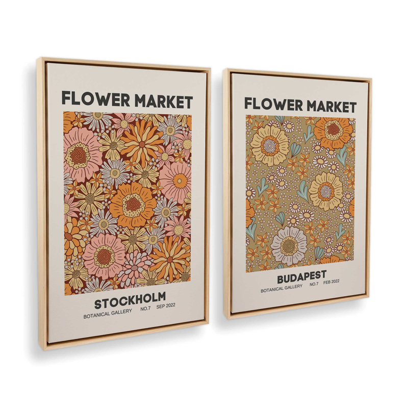 Ensemble de 2 impressions sur toile Retro Flower Markets II, Cadre flottant, Érable américain