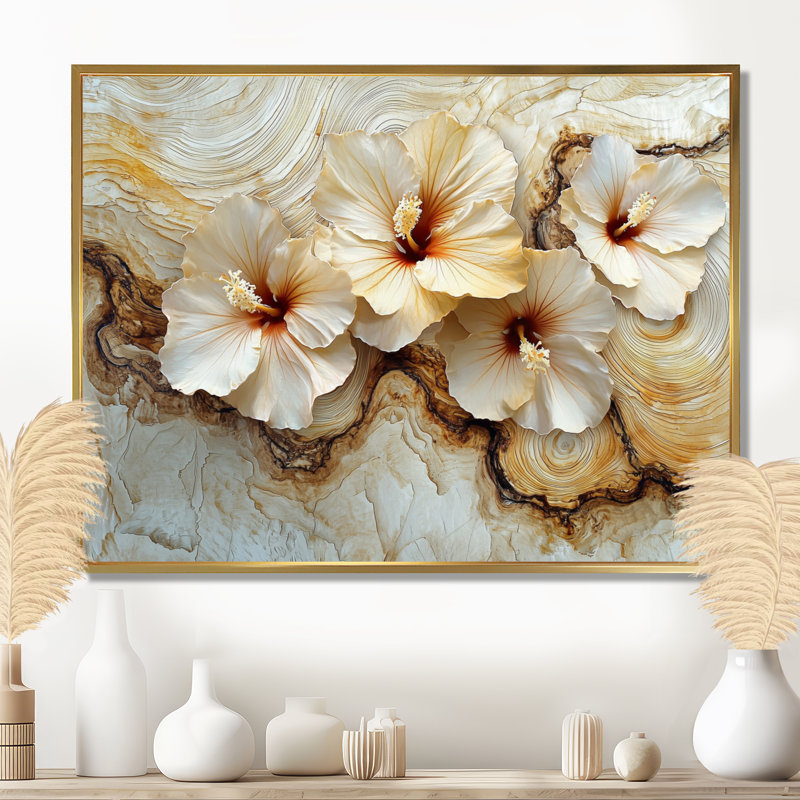 Citronnelle, fleurs d'hibiscus sur fond de marbre crème - art mural hibiscus, H 30 po x l 40 po, Picture Framed Print, Doré